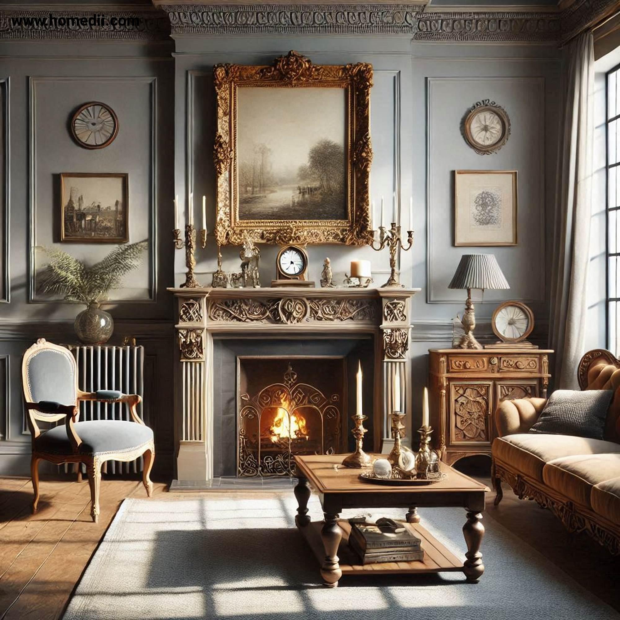 Traditional Living Room - Add A Fireplace Focal Point with Fireplace, Ornate Mantel, Candlesticks, Framed Photos!