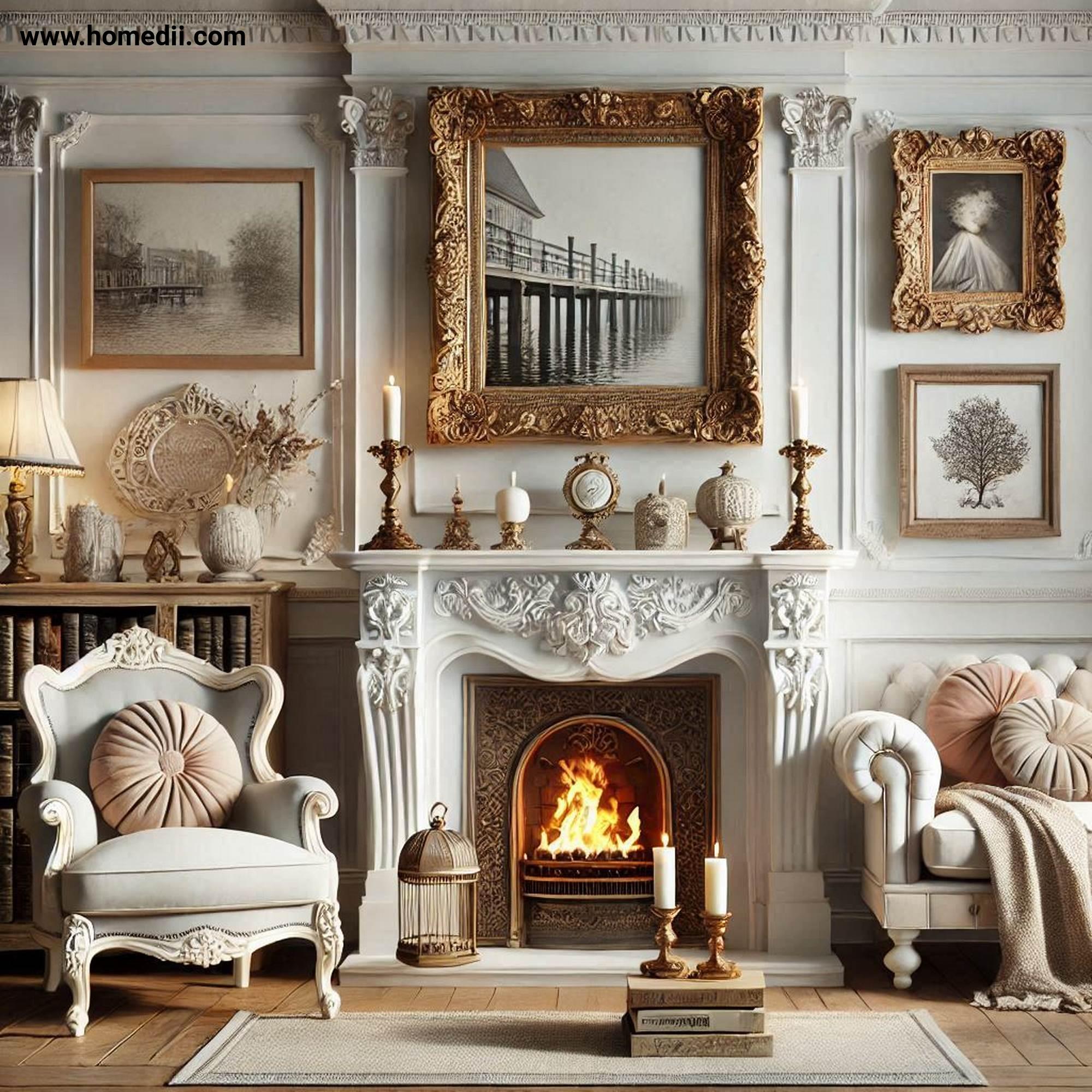 Traditional Living Room - Add A Fireplace Focal Point with Fireplace, Ornate Mantel, Candlesticks, Framed Photos!