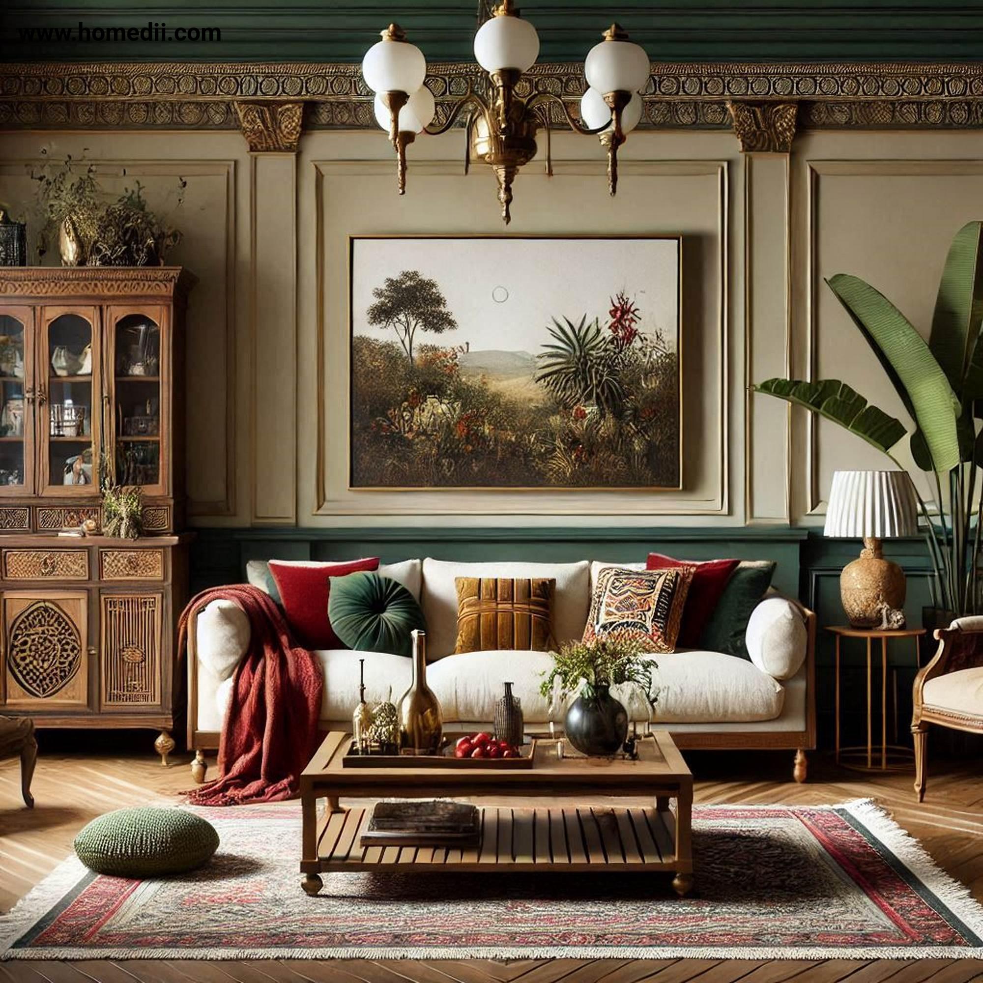 Traditional Living Room - Embrace A Warm And Rich Color Palette with Deep Reds, Forest Greens, Golden Yellows, Beige, Cream!