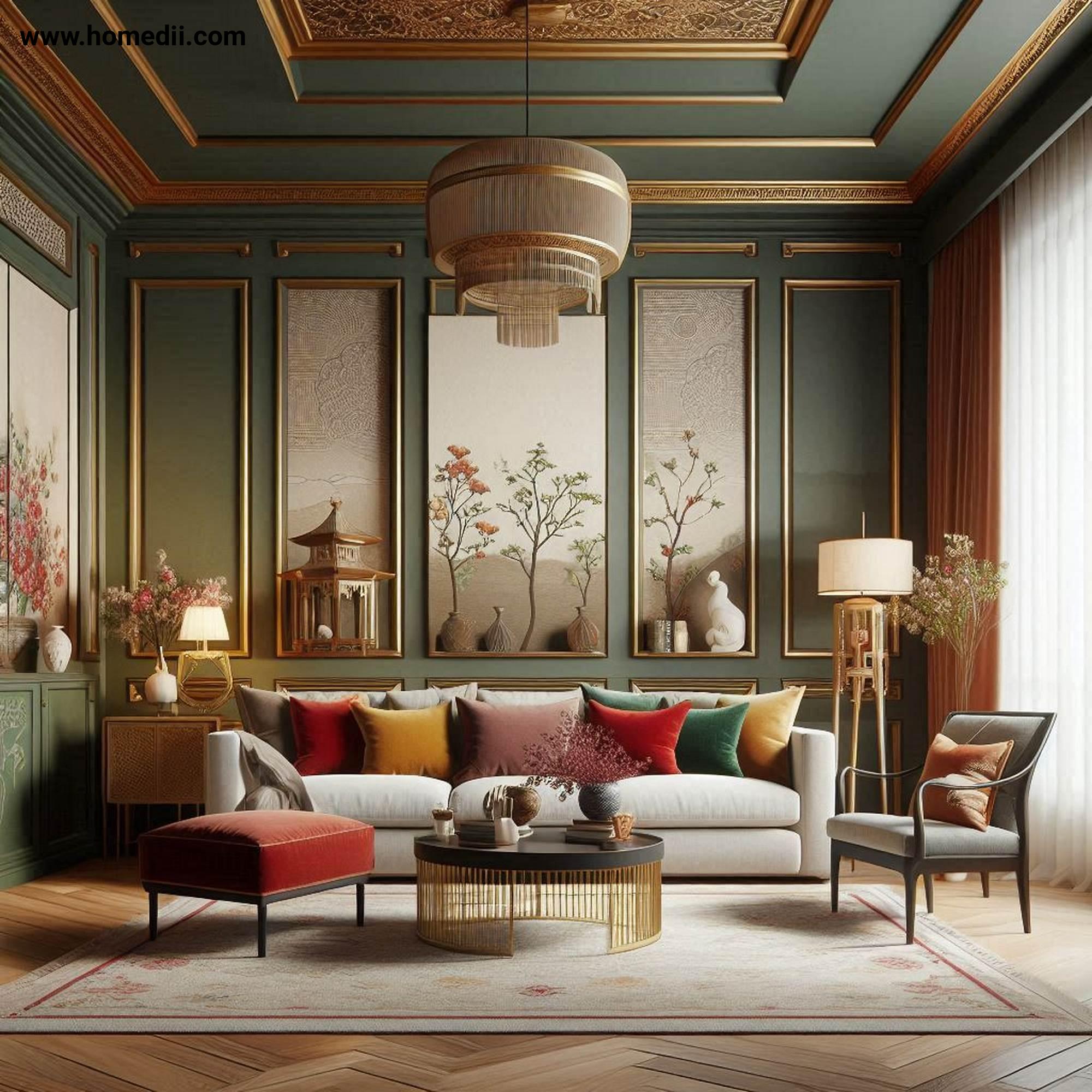 Traditional Living Room - Embrace A Warm And Rich Color Palette with Deep Reds, Forest Greens, Golden Yellows, Beige, Cream!