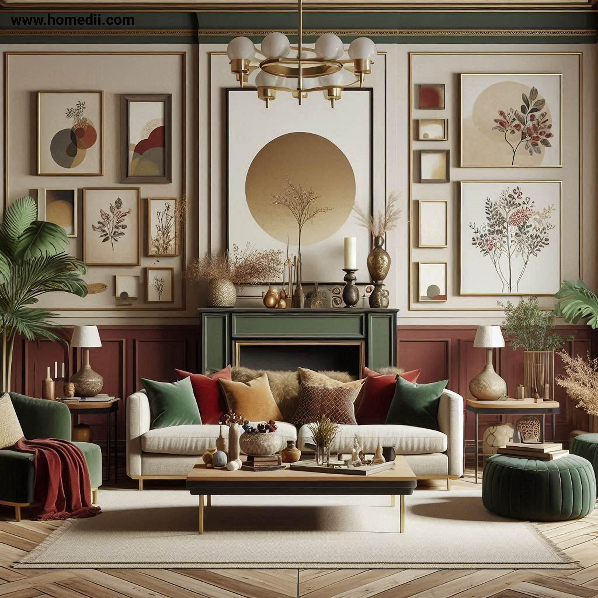 Traditional Living Room - Embrace A Warm And Rich Color Palette with Deep Reds, Forest Greens, Golden Yellows, Beige, Cream!